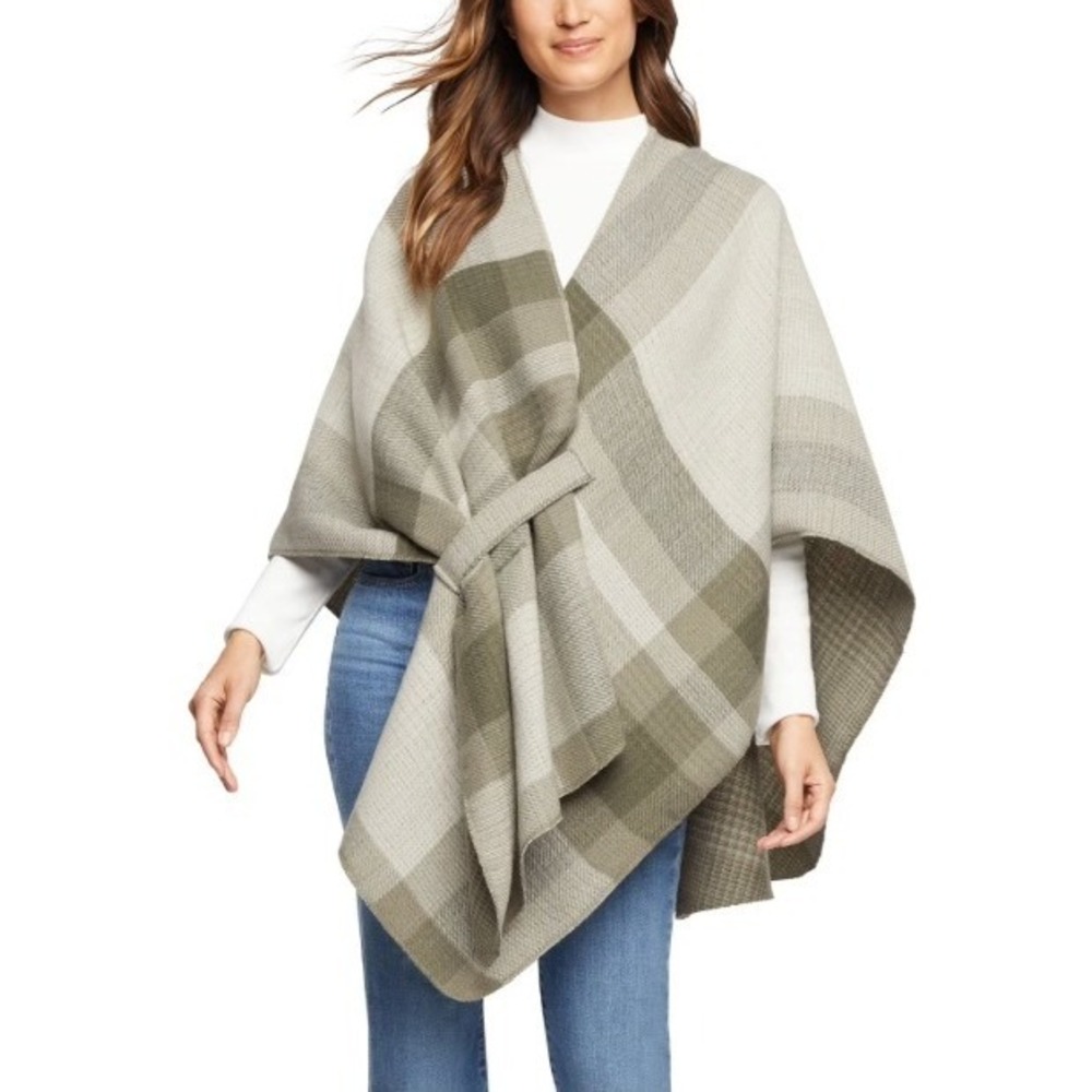 Woolrich Reversible Wrap Womens OS Green New Plaid Check Poncho Shawl WR010725